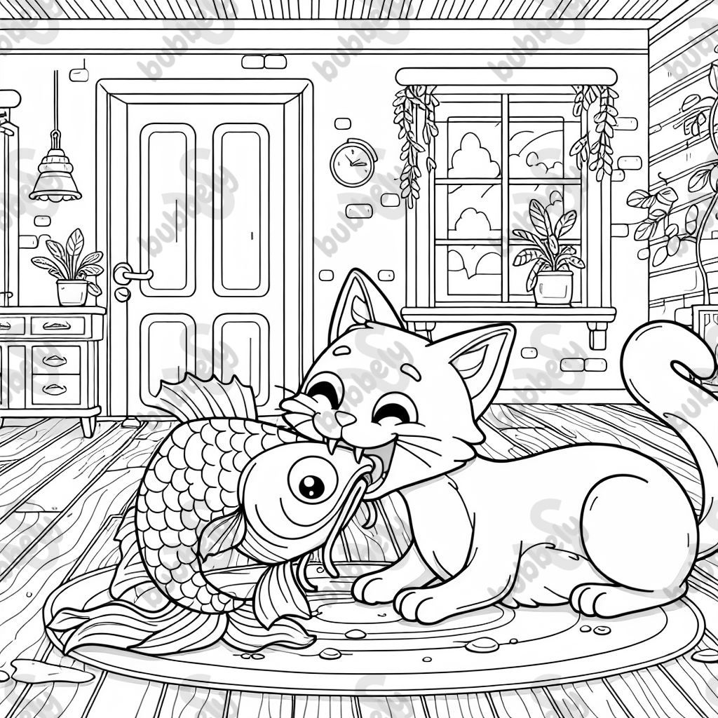 un chat mangeant un poisson à longue queue sur le sol à l'intérieur d'une maison un chat mangeant un poisson à longue queue sur le sol à l'intérieur d'une maison