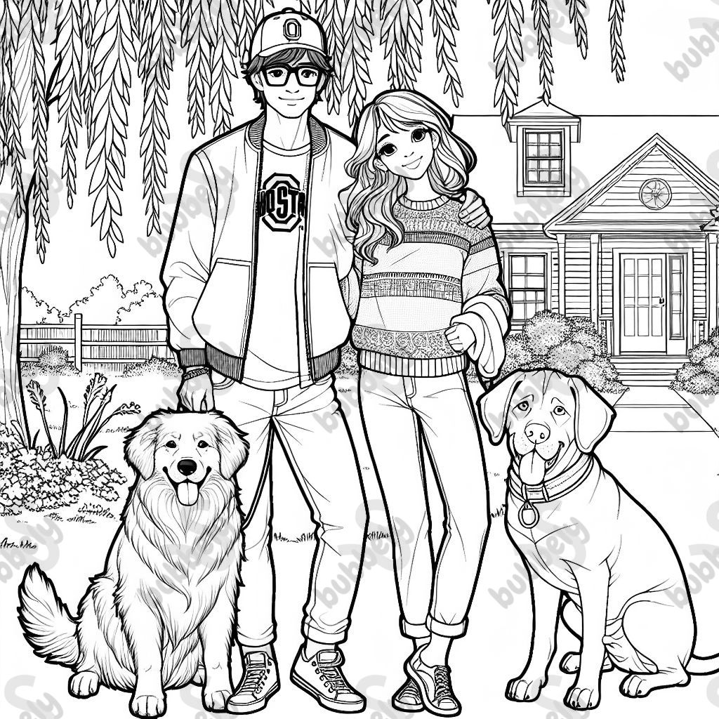 A man with fluffy brown hair, wearing square glasses on his face, a ball cap on his head, wearing an Ohio State t-shirt and jeans. A woman with red brown hair in a braid going to the side, wearing a sweater and jeans with sandals on her feet. A big golden retriever and a puppy cane corso. Standing outside under a weeping willow tree in front of a small house. A man with fluffy brown hair, wearing square glasses on his face, a ball cap on his head, wearing an Ohio State t-shirt and jeans. A woman with red brown hair in a braid going to the side, wearing a sweater and jeans with sandals on her feet. A big golden retriever and a puppy cane corso. Standing outside under a weeping willow tree in front of a small house.