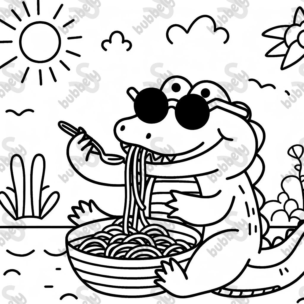 An alligator with sunglasses eating spaghetti. An alligator with sunglasses eating spaghetti.
