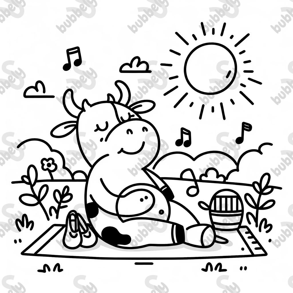 Cow listening to music while sunbathing. Cow listening to music while sunbathing.