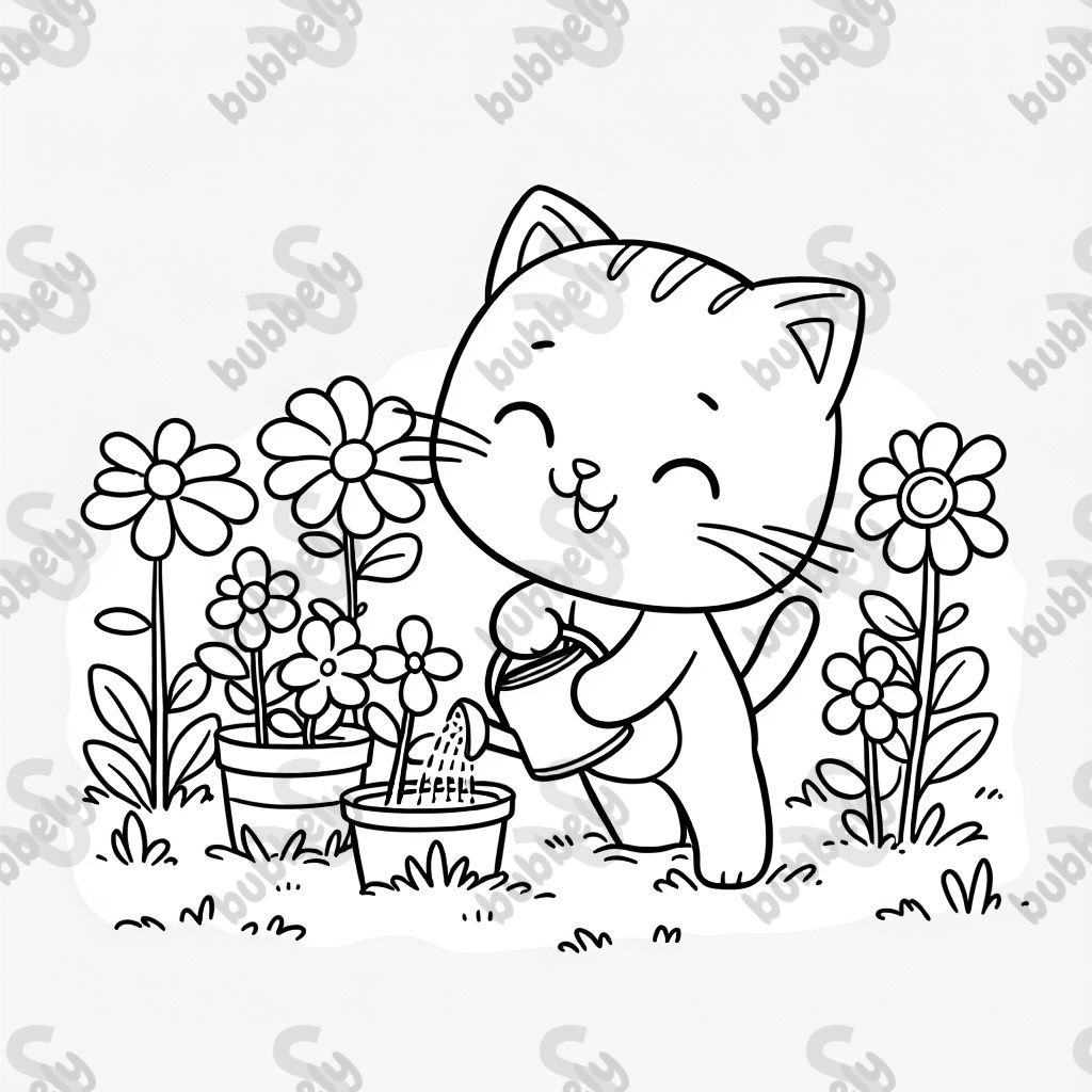 cat planting flowers
