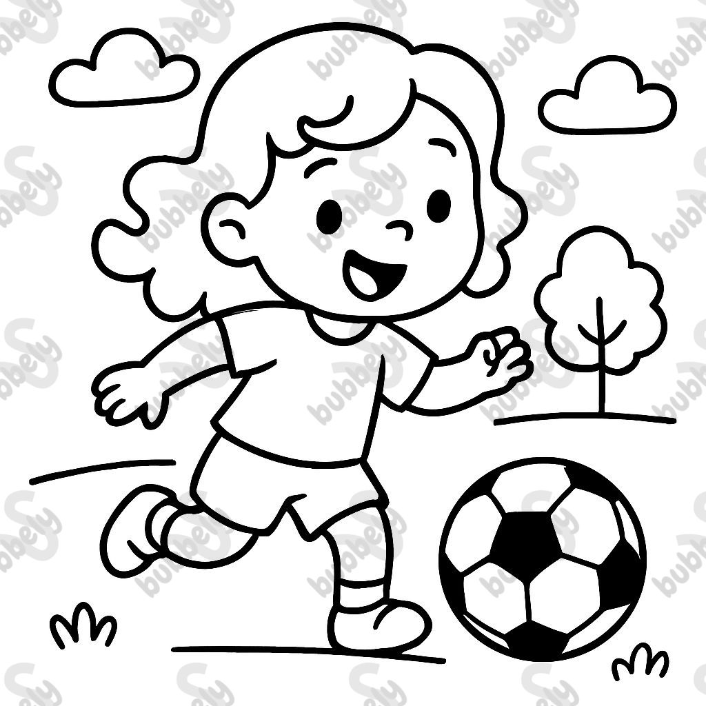 Une petite fille avec des cheveux ondulés jouant au football. Une petite fille avec des cheveux ondulés jouant au football.
