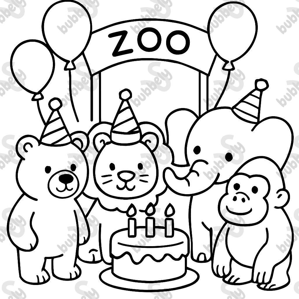 eine geburtstagsparty mit einem bär einem löwen einem elefanten und einem gorilla vor einem zoo eingang die tiere stehen um eine geburtstagstorte mit 3 kerzen herum füge drei luftballons hinzu eine geburtstagsparty mit einem bär einem löwen einem elefanten und einem gorilla vor einem zoo eingang die tiere stehen um eine geburtstagstorte mit 3 kerzen herum füge drei luftballons hinzu