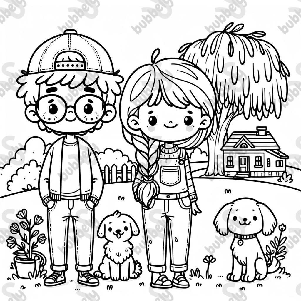 A man with fluffy hair, ball cap on his head, square glasses, wearing an Ohio State t-shirt and jeans. A woman with red brown hair braided down the side wearing a sweater, jeans, and sandals on her feet. A big fluffy golden retriever and a puppy cane corso standing outside under a weeping willow tree in front of a cute little house. A man with fluffy hair, ball cap on his head, square glasses, wearing an Ohio State t-shirt and jeans. A woman with red brown hair braided down the side wearing a sweater, jeans, and sandals on her feet. A big fluffy golden retriever and a puppy cane corso standing outside under a weeping willow tree in front of a cute little house.