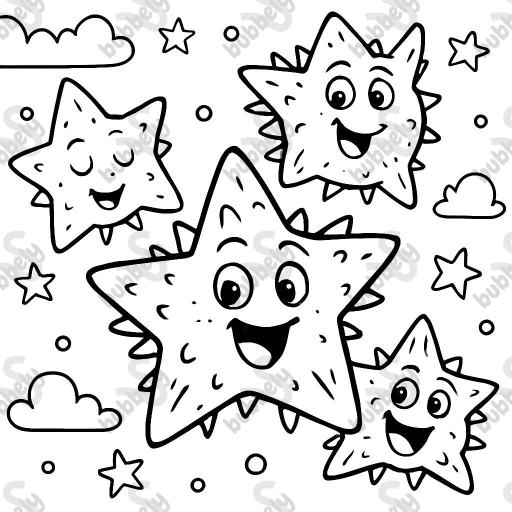 A bunch of happy star shaped puffer fish floating in the starry sky. A bunch of happy star shaped puffer fish floating in the starry sky.