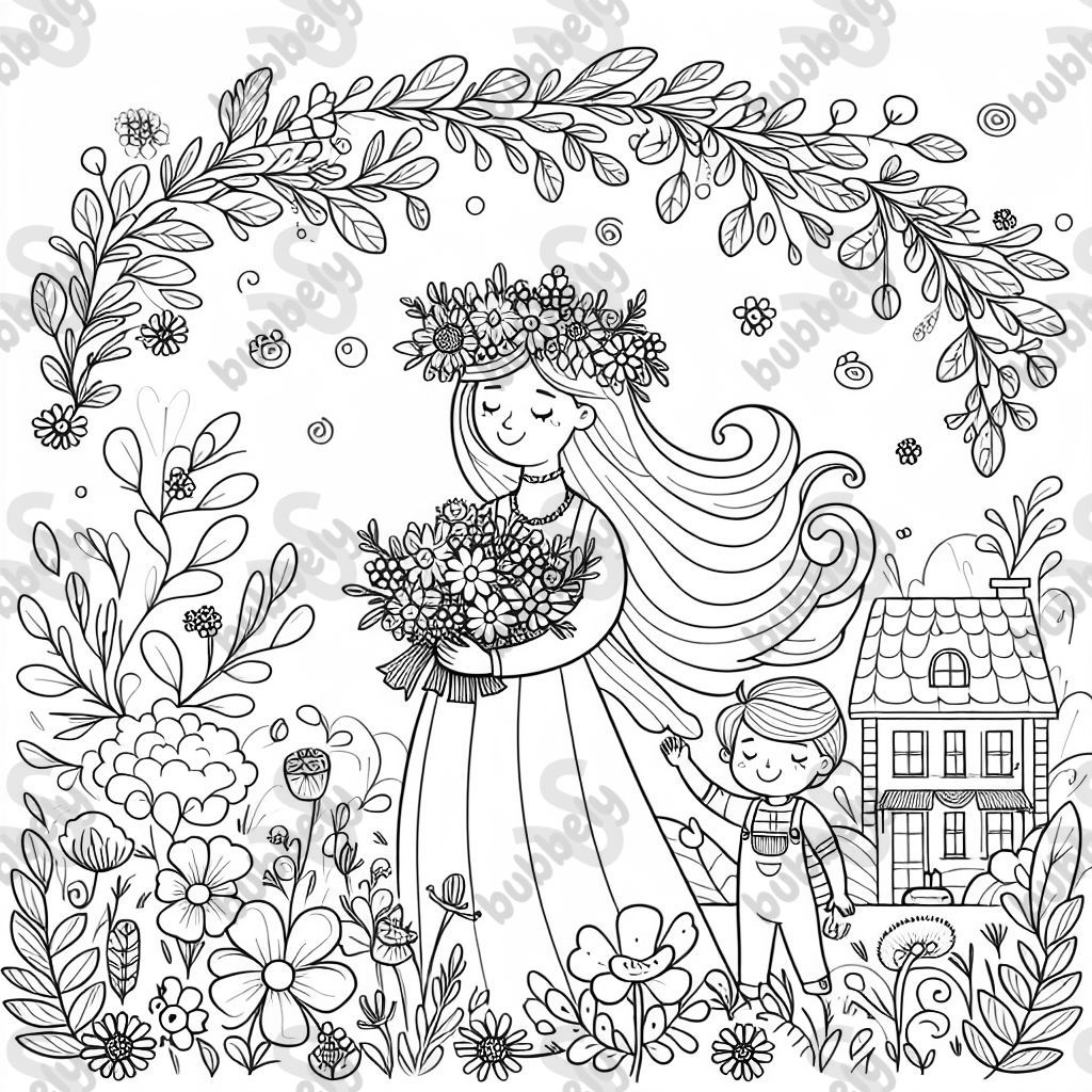 Une représentation affectueuse d'une maman portant une belle couronne de fleurs.