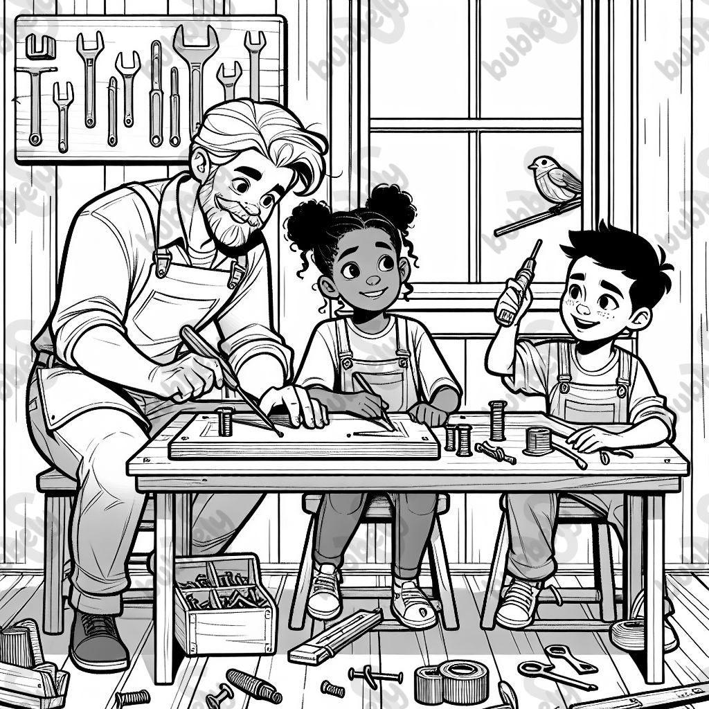 Papa baut mit Werkzeugen und Kindern zusammen.