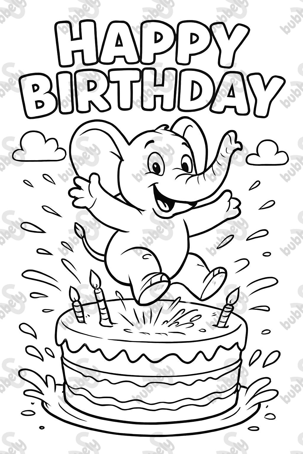 Un éléphant saute dans un gâteau d'anniversaire. Au-dessus, il est écrit en lettres bulle 'Joyeux Anniversaire'. Un éléphant saute dans un gâteau d'anniversaire. Au-dessus, il est écrit en lettres bulle 'Joyeux Anniversaire'.