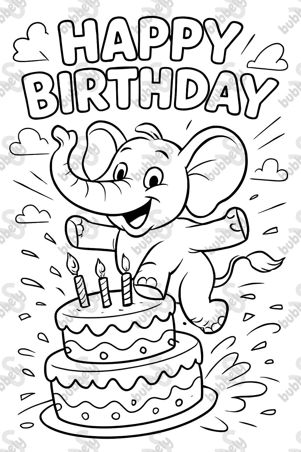 Un elefante salta en un pastel de cumpleaños. Arriba está escrito en letras burbuja 'Feliz Cumpleaños' Un elefante salta en un pastel de cumpleaños. Arriba está escrito en letras burbuja 'Feliz Cumpleaños'