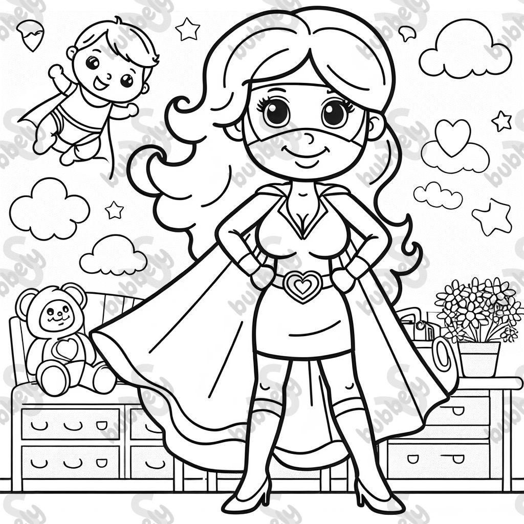 A colorful coloring page featuring mom as a superhero, showcasing her superpowers and encouraging children to unleash their imagination. A colorful coloring page featuring mom as a superhero, showcasing her superpowers and encouraging children to unleash their imagination.
