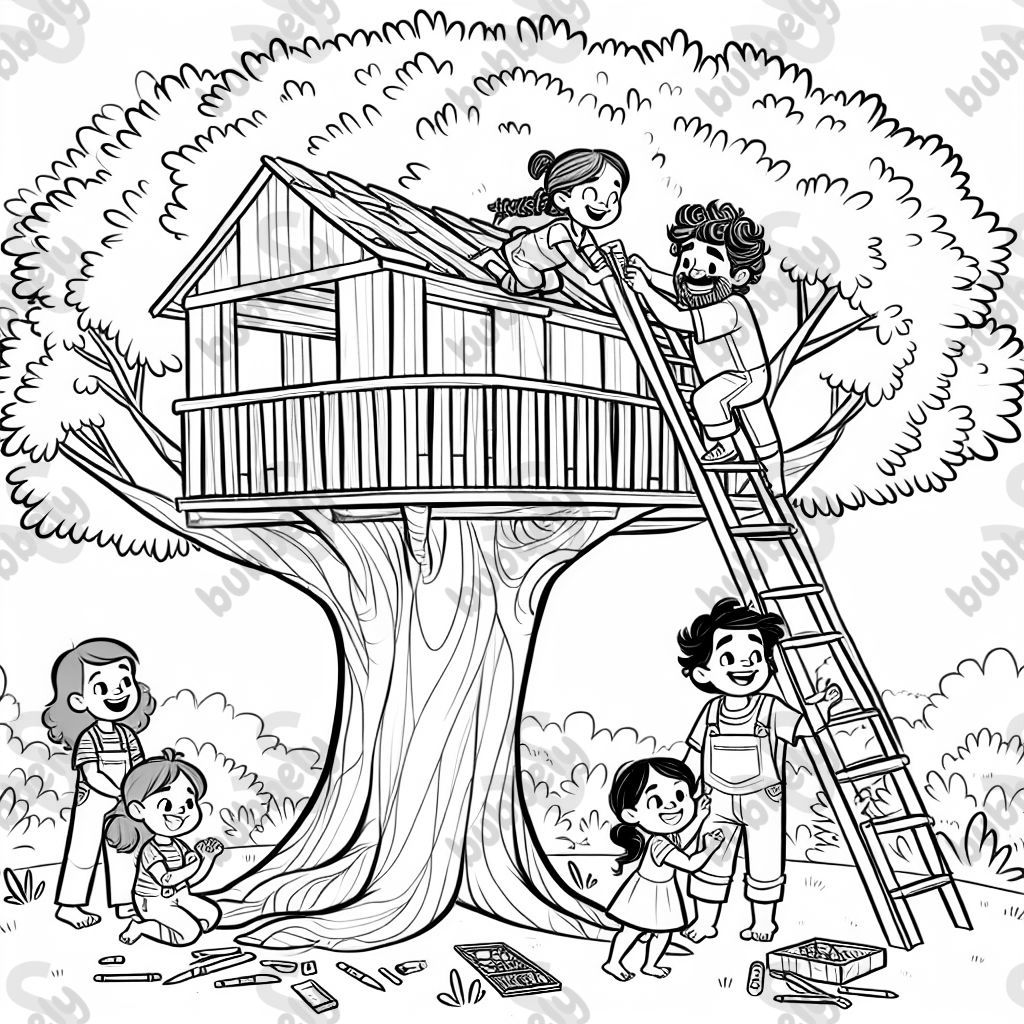 A dad is building a tree house with his kids. A dad is building a tree house with his kids.