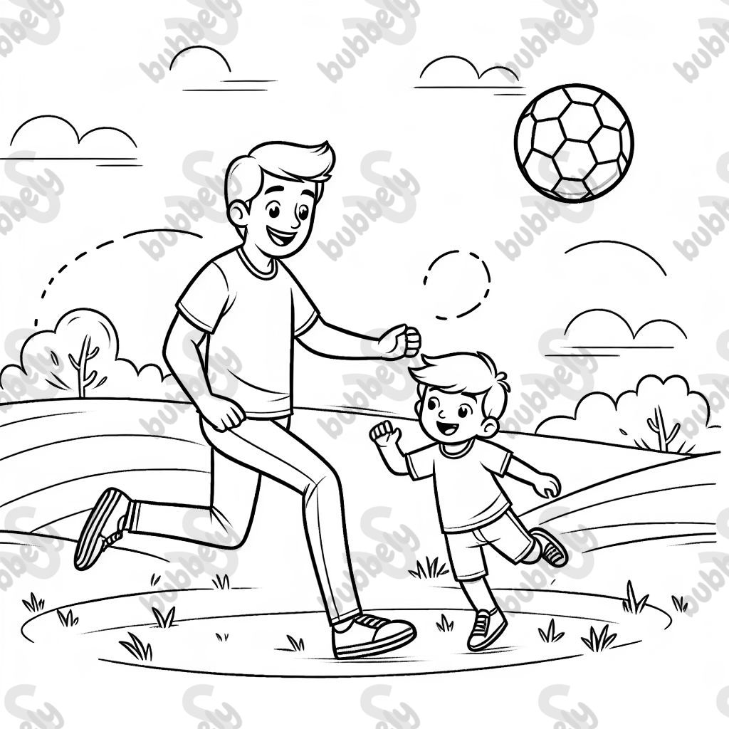 Un père joue au football avec son enfant dans le parc. Idéal pour une page à colorier sur les activités familiales. Un père joue au football avec son enfant dans le parc. Idéal pour une page à colorier sur les activités familiales.