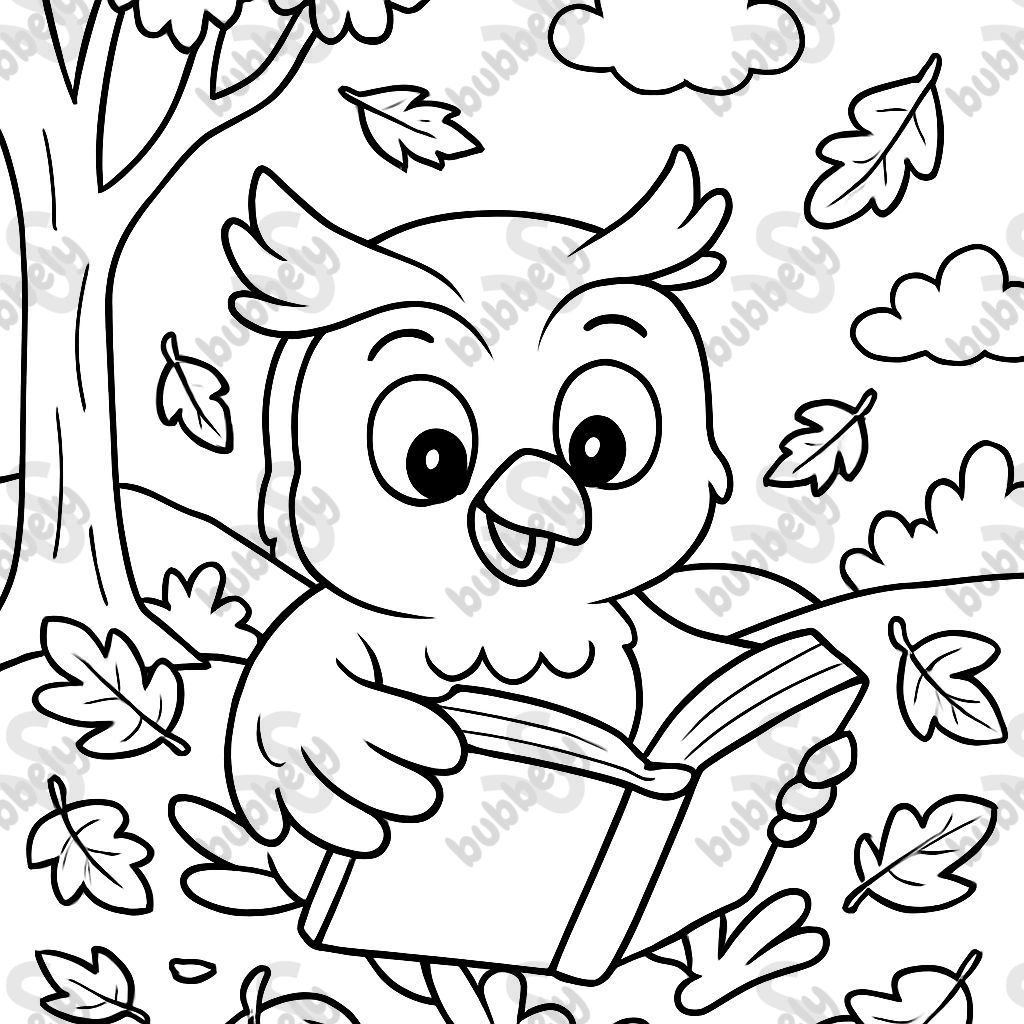 Chouette en train de lire en automne Chouette en train de lire en automne