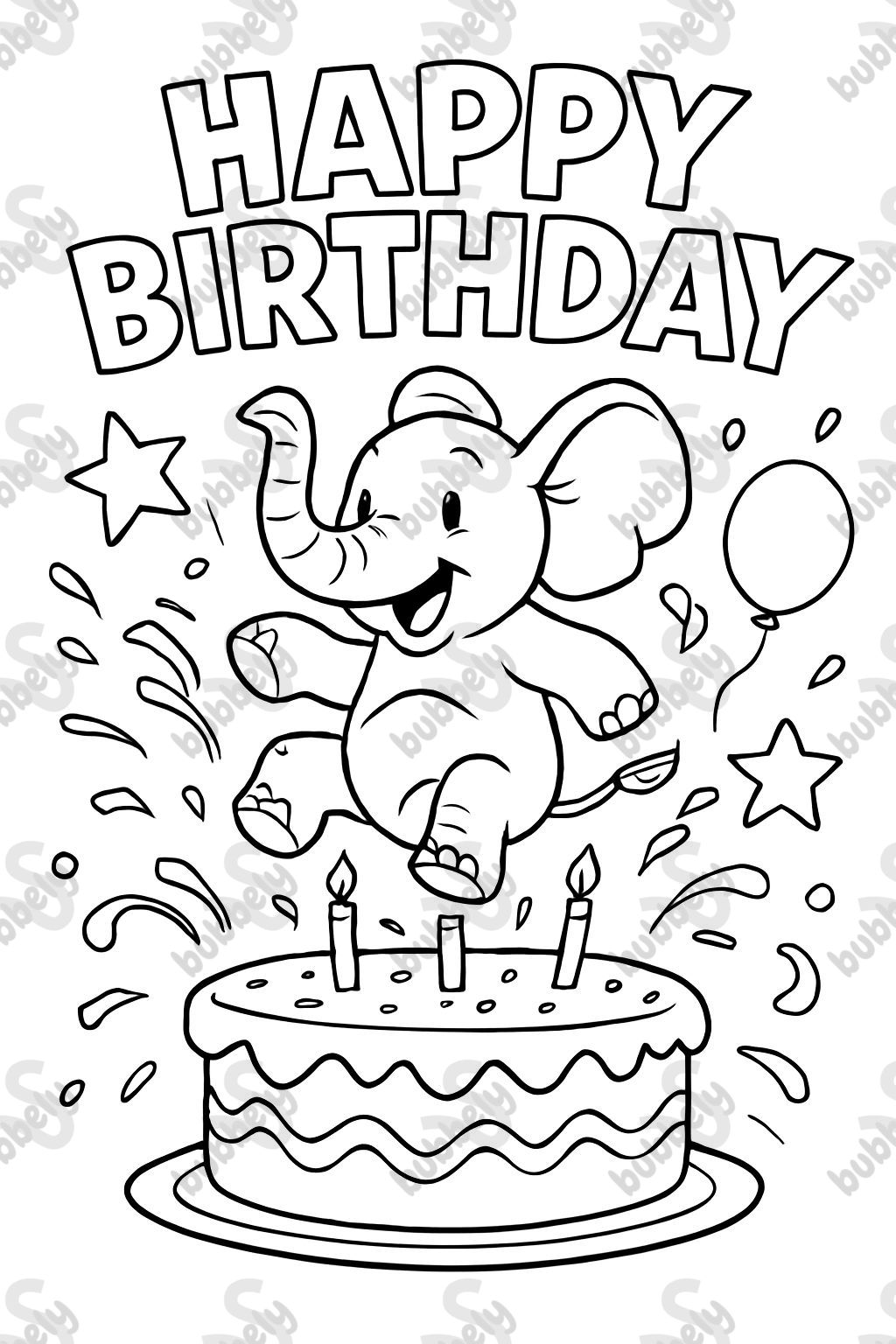 Éléphant saute dans un gâteau d'anniversaire. Au-dessus, il est écrit en lettres Hubble 'Joyeux Anniversaire' Éléphant saute dans un gâteau d'anniversaire. Au-dessus, il est écrit en lettres Hubble 'Joyeux Anniversaire'