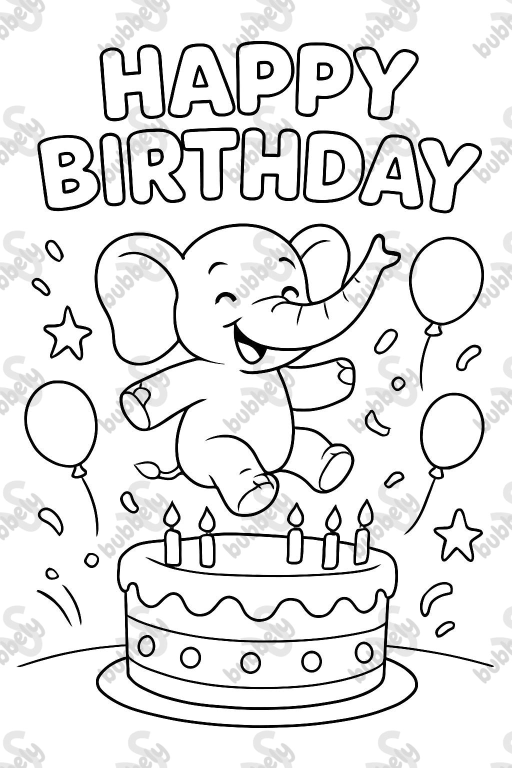 Éléphant saute dans un gâteau d'anniversaire. Au-dessus, il est écrit en lettres arrondies 'Joyeux Anniversaire' Éléphant saute dans un gâteau d'anniversaire. Au-dessus, il est écrit en lettres arrondies 'Joyeux Anniversaire'