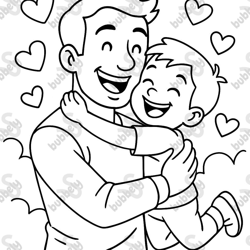 Child hugs dad and hearts Child hugs dad and hearts