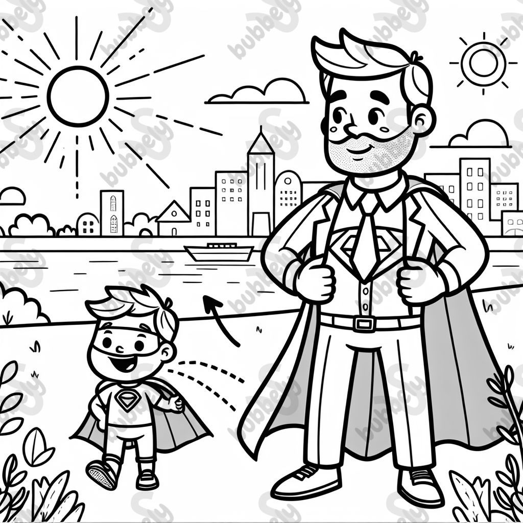 A father depicted as a superhero, wearing a cape and mask, ready to protect his children. A father depicted as a superhero, wearing a cape and mask, ready to protect his children.