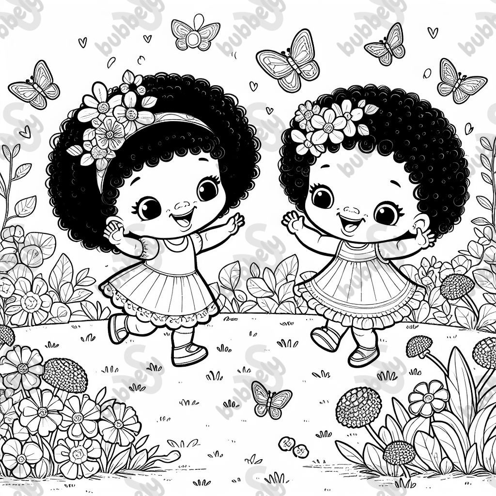 Zwei kleine schwarze Mädchen spielen in einem Garten Zwei kleine schwarze Mädchen spielen in einem Garten