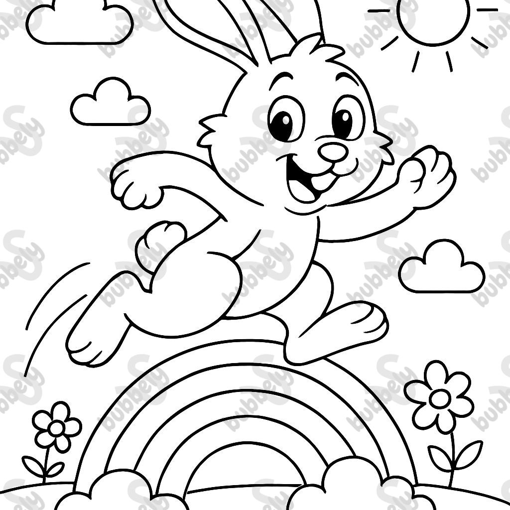 Un conejo saltando sobre un arcoíris. Un conejo saltando sobre un arcoíris.