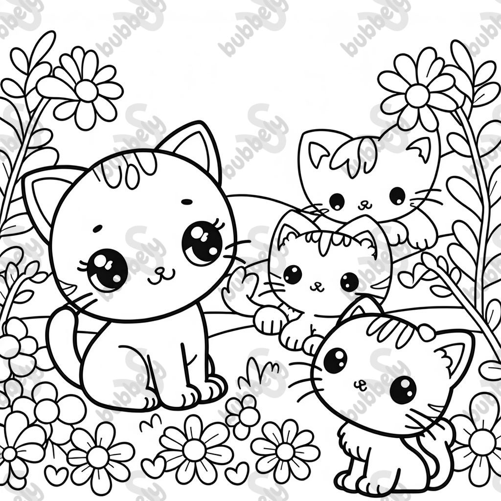 1 gato, 3 gatitos, en un campo de flores 1 gato, 3 gatitos, en un campo de flores