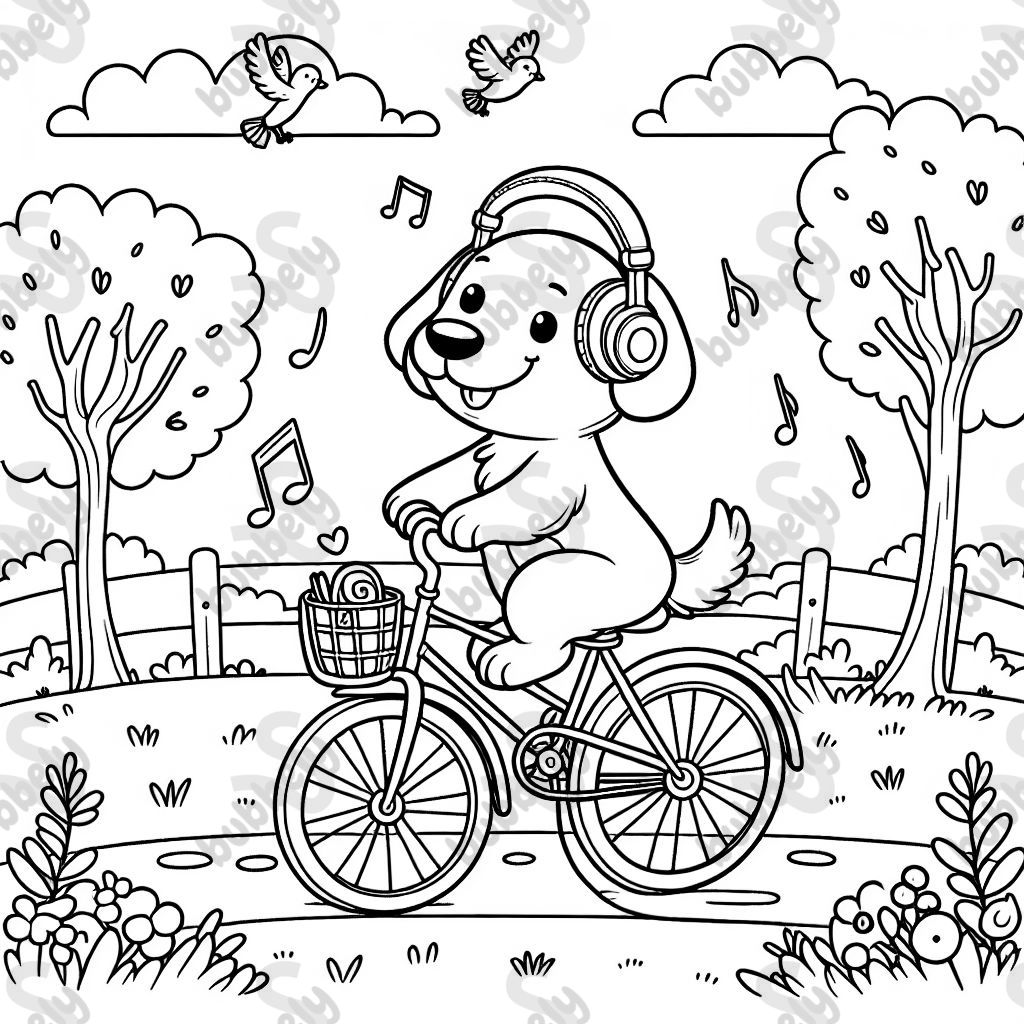 Hund fährt auf dem Fahrrad und hört Musik