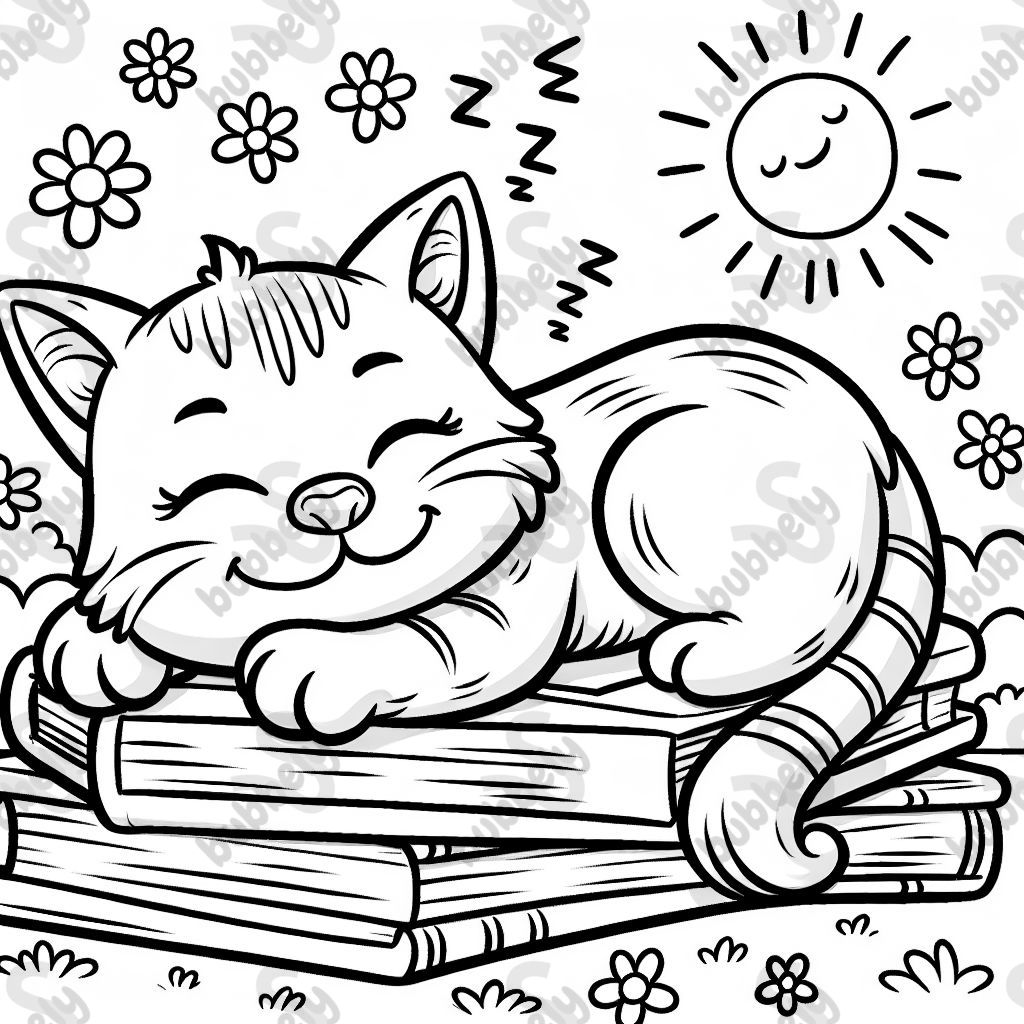 A cute cat sleeping on a pile of books