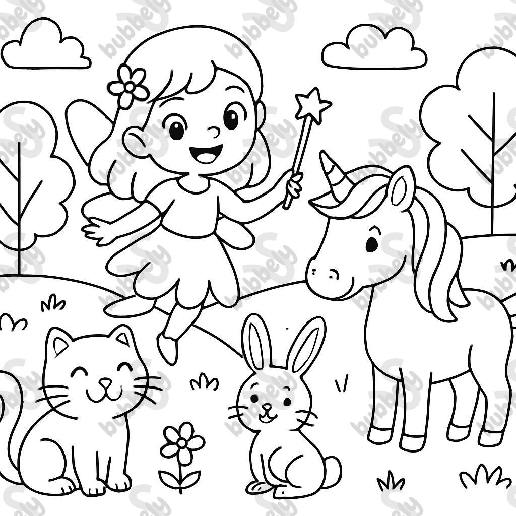 une fée debout, une licorne, un chat et un lapin qui ne sont pas si près du bord de l'image une fée debout, une licorne, un chat et un lapin qui ne sont pas si près du bord de l'image