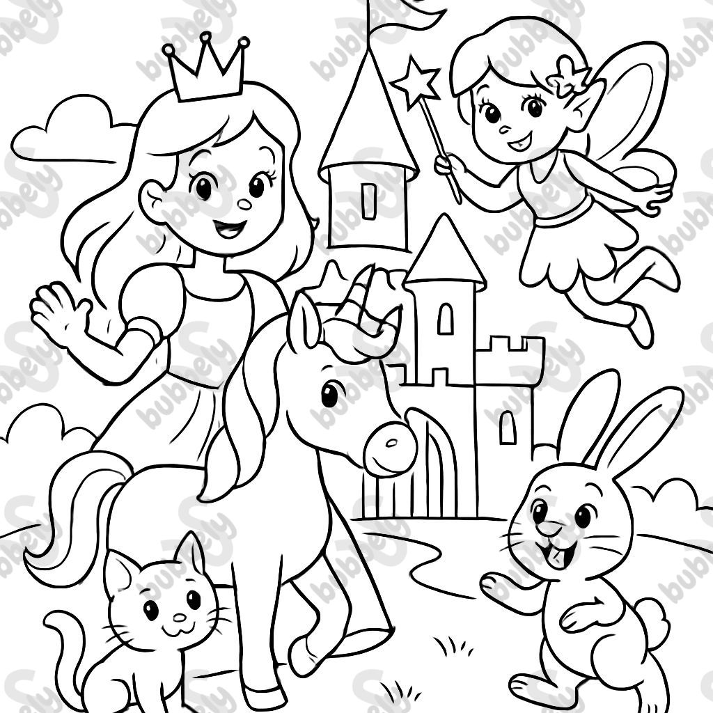 princesse, fée, licorne, chat, lapin dans un château de conte de fées princesse, fée, licorne, chat, lapin dans un château de conte de fées
