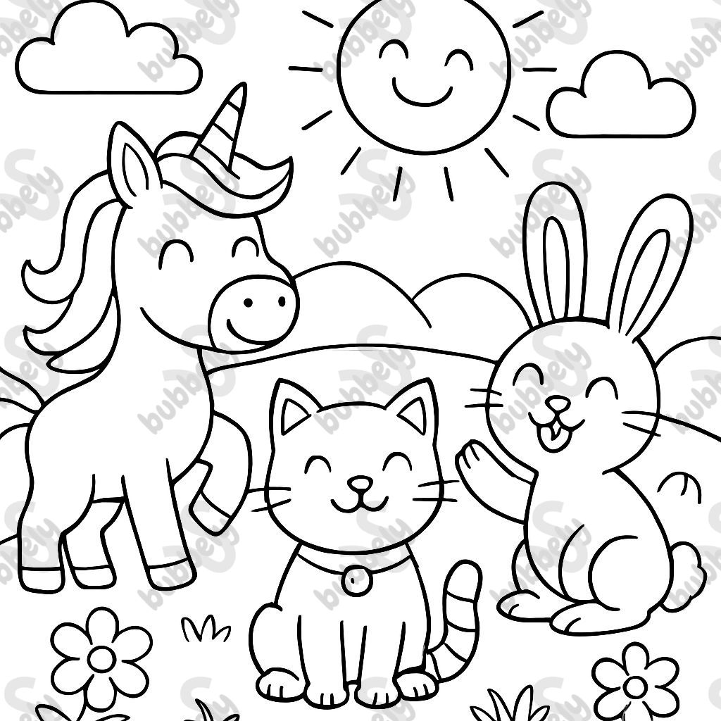 une licorne, un chat et un lapin souriant une licorne, un chat et un lapin souriant