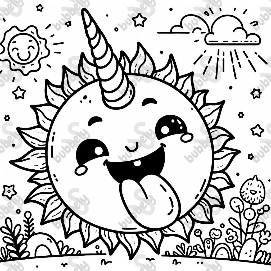 Eine sonne mit einem horn wie ein einhorn auf dem kopf hat und ihre zunge rausstrecktauf dem Eine sonne mit einem horn wie ein einhorn auf dem kopf hat und ihre zunge rausstrecktauf dem