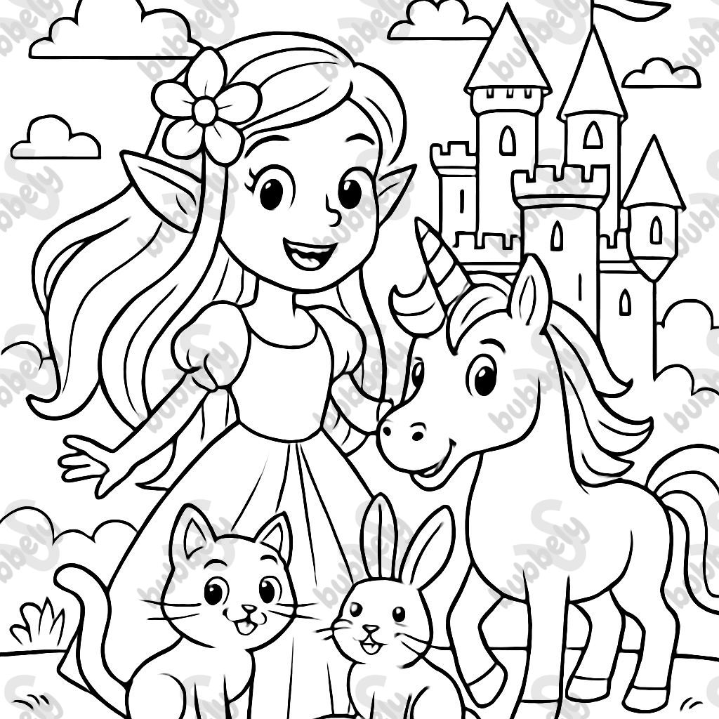 princesa, hada con hermosos cabellos largos con una flor en el cabello, unicornio, gato y conejo frente a un castillo de cuento de hadas princesa, hada con hermosos cabellos largos con una flor en el cabello, unicornio, gato y conejo frente a un castillo de cuento de hadas