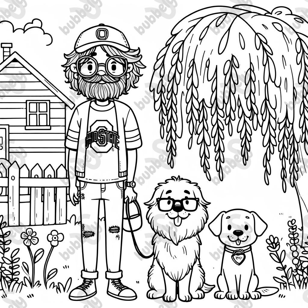 Un homme avec des cheveux bruns duveteux, portant une casquette sur la tête, des lunettes carrées sur le visage, un t-shirt Ohio State et un jean. Une femme avec de longs cheveux brun-roux tressés sur le côté. Elle porte des lunettes de soleil sur le haut de sa tête, un joli pull et un jean avec des sandales aux pieds. Un grand golden retriever duveteux et un chiot cane corso. Debout dehors sous un saule pleureur. Devant une jolie petite maison. Un homme avec des cheveux bruns duveteux, portant une casquette sur la tête, des lunettes carrées sur le visage, un t-shirt Ohio State et un jean. Une femme avec de longs cheveux brun-roux tressés sur le côté. Elle porte des lunettes de soleil sur le haut de sa tête, un joli pull et un jean avec des sandales aux pieds. Un grand golden retriever duveteux et un chiot cane corso. Debout dehors sous un saule pleureur. Devant une jolie petite maison.