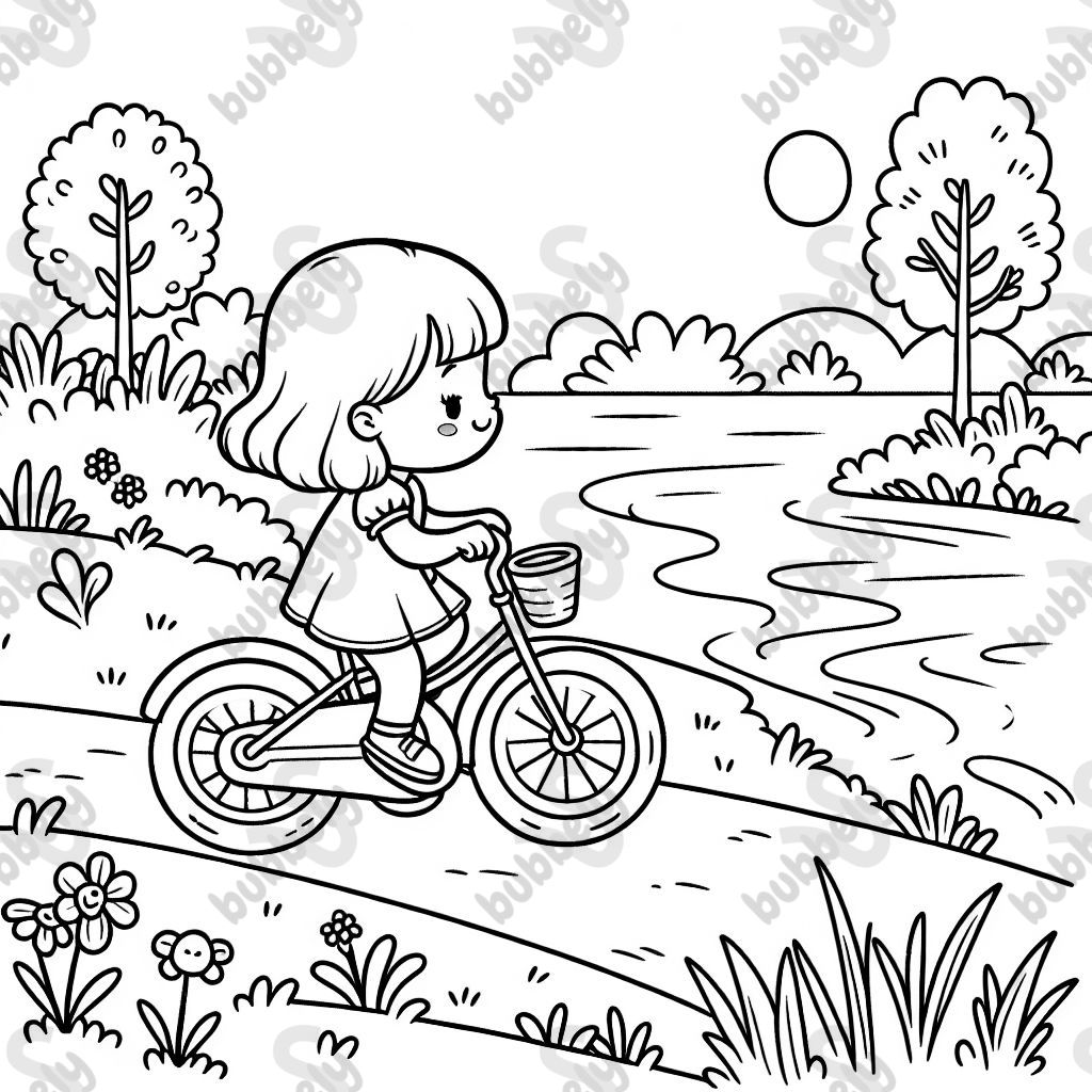 una niña pequeña montando su bicicleta junto al río una niña pequeña montando su bicicleta junto al río