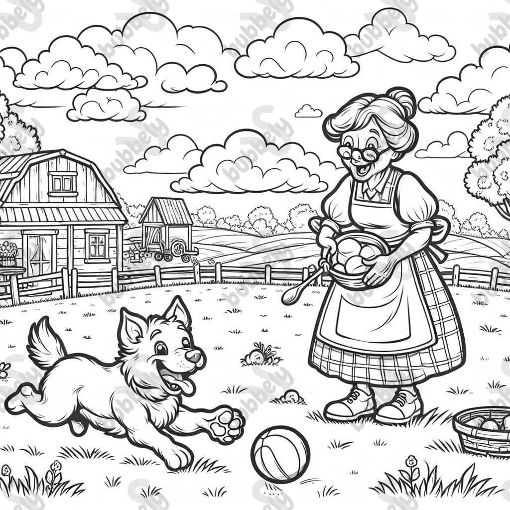 a dog playing with a ball in a field next to a farm where a grandma is making lunch
