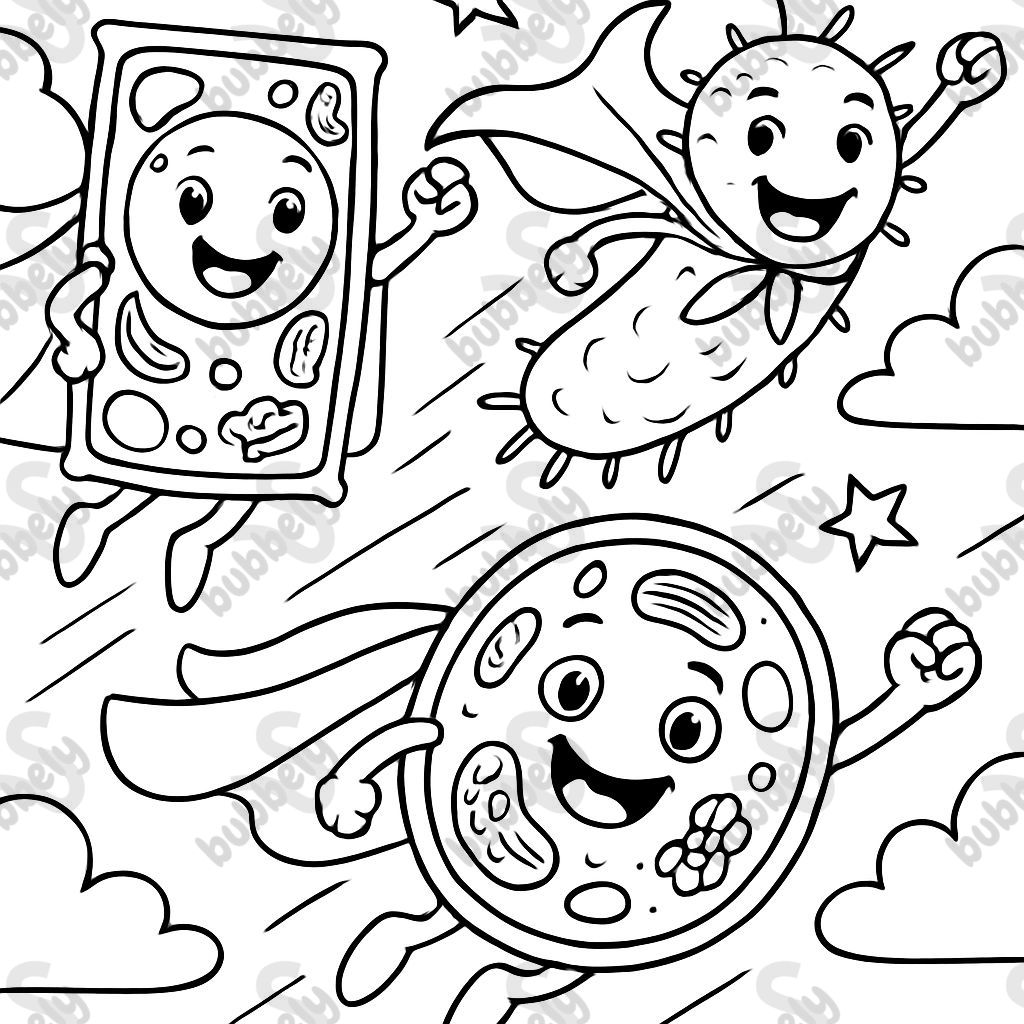 Superhero plant, animal and bacterial cells fling with capes. Superhero plant, animal and bacterial cells fling with capes.