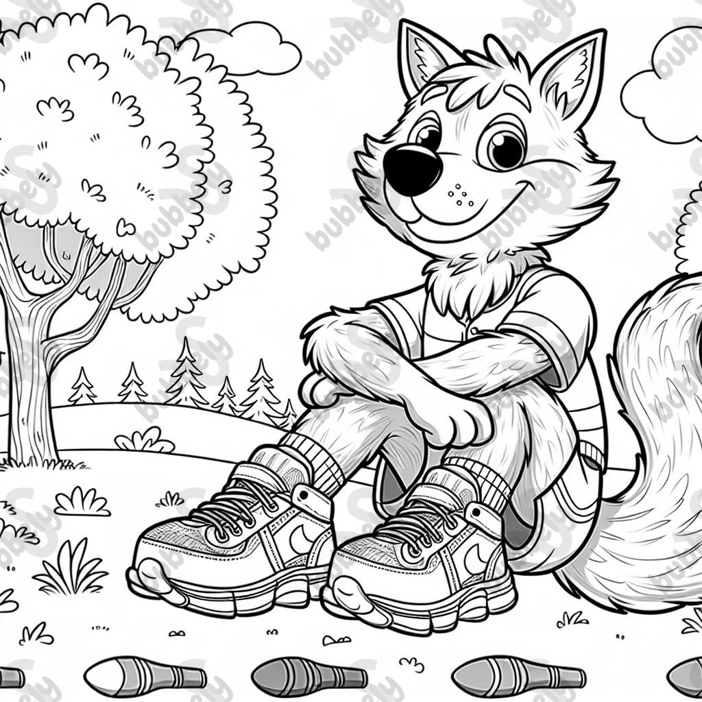 Un lobo que lleva zapatillas de correr en las cuatro patas.