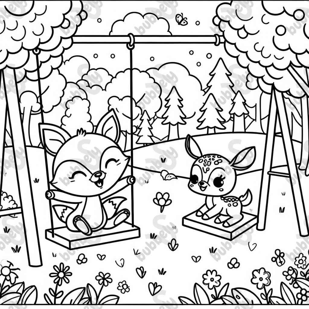 baby fox playing on a swing, baby deer playing on a slide. in a forest clearing with small flowers in the grass