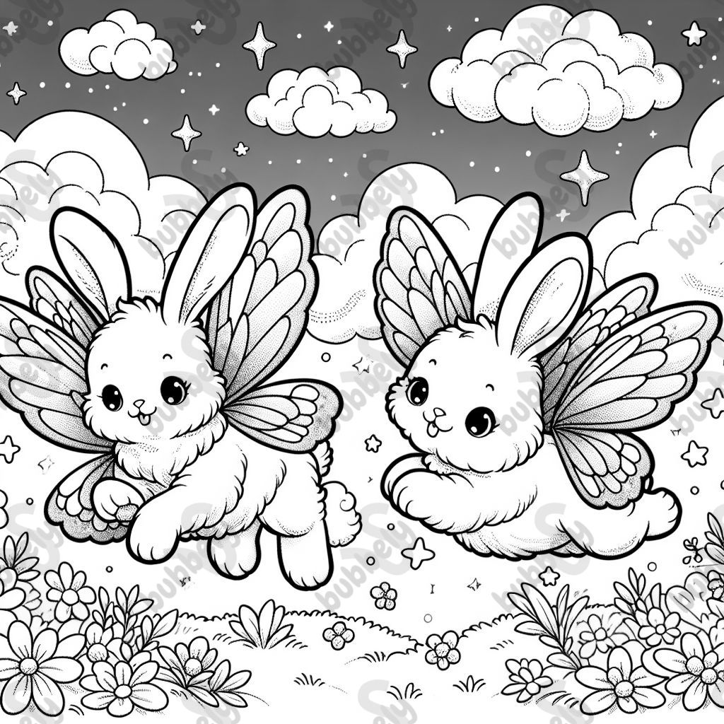 bunnies with butterfly wings with cute clouds and stars in the sky, and simple flowers in grass on the ground bunnies with butterfly wings with cute clouds and stars in the sky, and simple flowers in grass on the ground