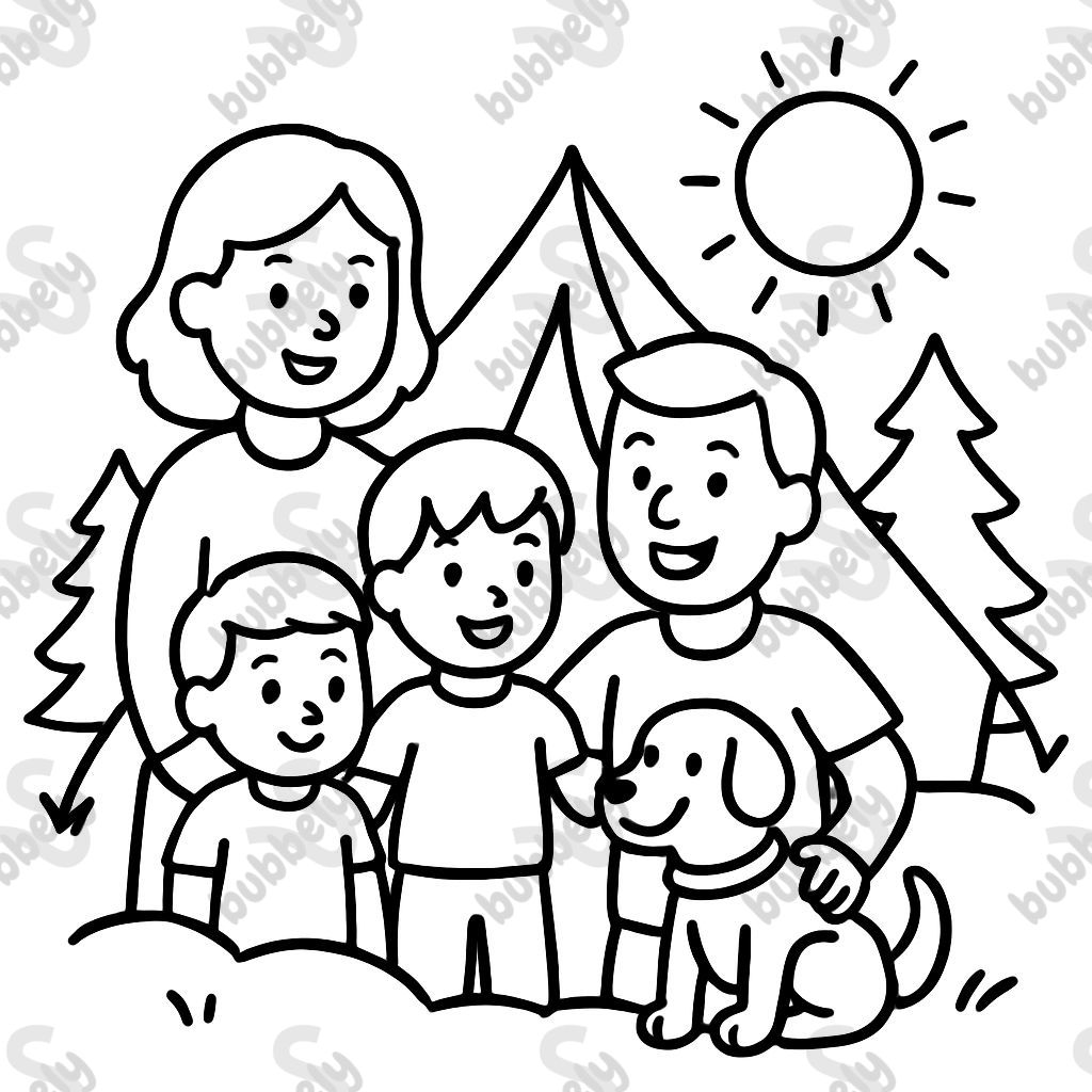 hermanos y mamá, papá, perro acampando hermanos y mamá, papá, perro acampando