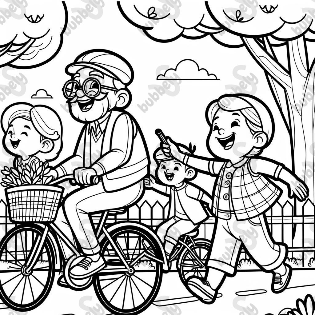 Grand-mère à vélo avec petit-fils et petite-fille Grand-mère à vélo avec petit-fils et petite-fille