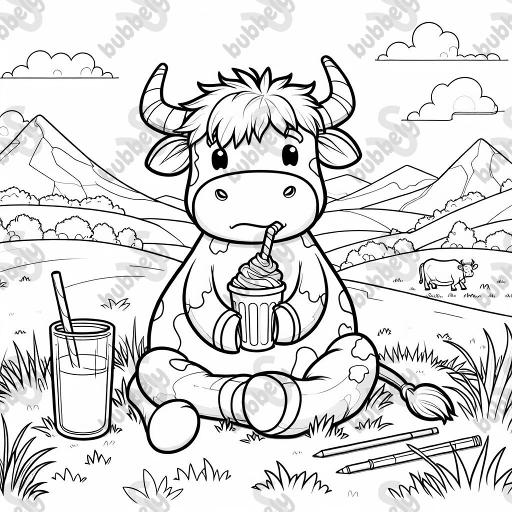 Highlandrind, das einen Milchshake trinkt Highlandrind, das einen Milchshake trinkt