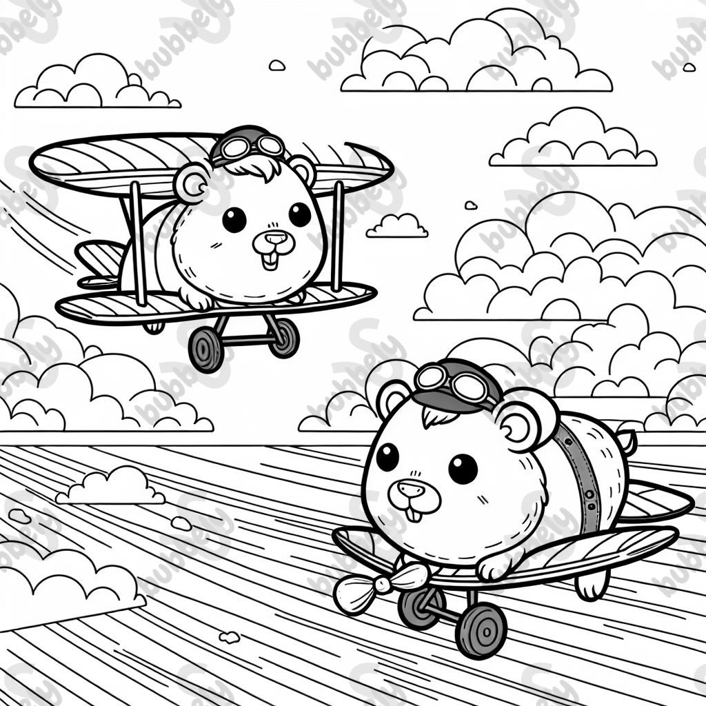 2 cochons d'Inde volant dans des biplans dans le ciel 2 cochons d'Inde volant dans des biplans dans le ciel