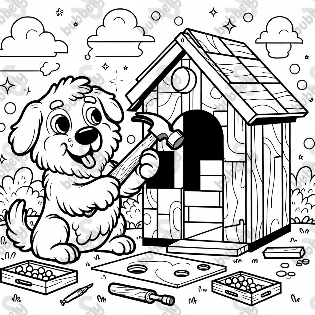 Ein Hund benutzt einen Hammer, um ein Hundehaus zu bauen. Ein Hund benutzt einen Hammer, um ein Hundehaus zu bauen.