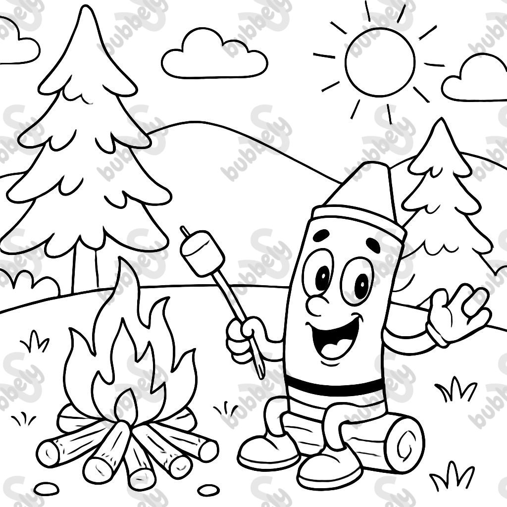 Ein Buntstift sitzt am Lagerfeuer Ein Buntstift sitzt am Lagerfeuer