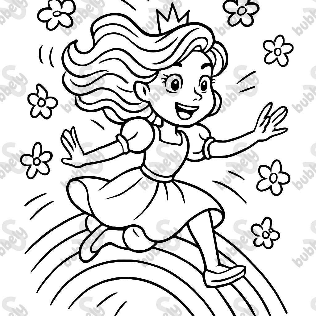 Une princesse sur un arc-en-ciel avec une belle coiffure ondulée entourée de fleurs dans les airs Une princesse sur un arc-en-ciel avec une belle coiffure ondulée entourée de fleurs dans les airs