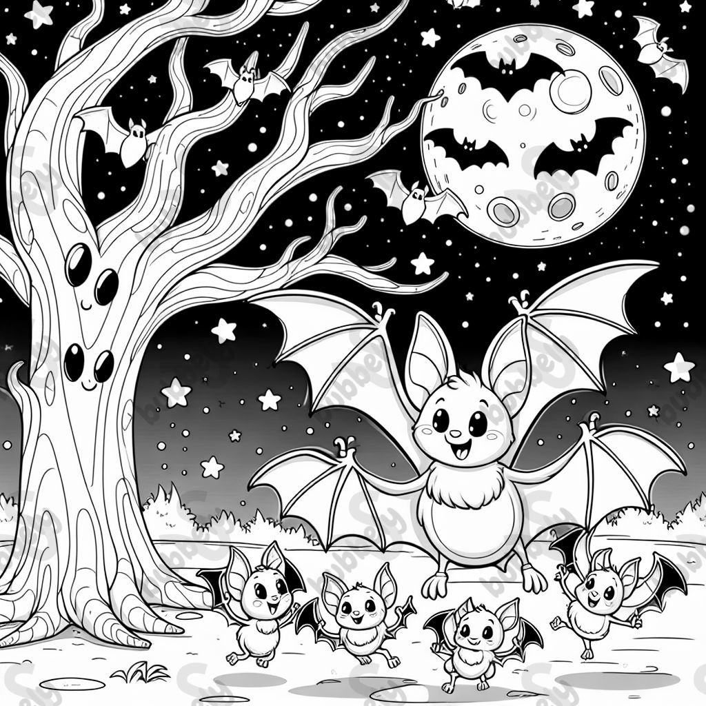 Coloring page for kids,A bat family with a parent and baby bats flying around a spooky tree in front of a full moon, with stars and bats in the background, Halloween themed, line art, simple classic cartoon style Coloring page for kids,A bat family with a parent and baby bats flying around a spooky tree in front of a full moon, with stars and bats in the background, Halloween themed, line art, simple classic cartoon style