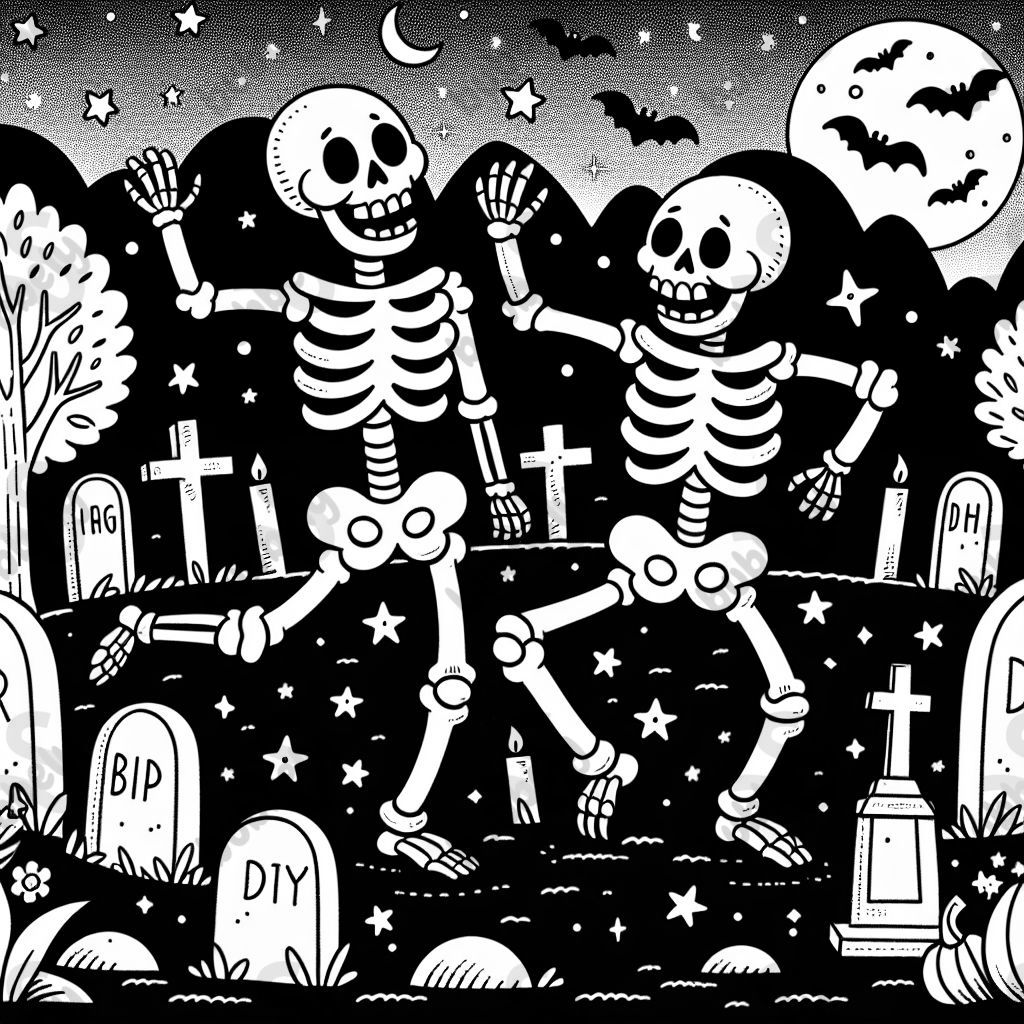 Coloring page for kids,A fun scene of two skeletons dancing in a graveyard with tombstones and trees around, with stars and bats in the background, Halloween themed, line art, simple classic cartoon style Coloring page for kids,A fun scene of two skeletons dancing in a graveyard with tombstones and trees around, with stars and bats in the background, Halloween themed, line art, simple classic cartoon style