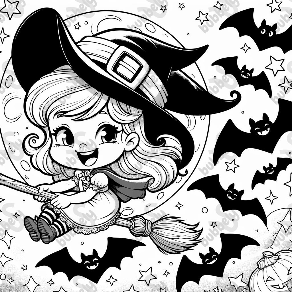 Coloring page for kids, A drawing of a smiling witch flying across a full moon on her broomstick, with stars and bats in the background, Halloween themed, line art, simple classic cartoon style Coloring page for kids, A drawing of a smiling witch flying across a full moon on her broomstick, with stars and bats in the background, Halloween themed, line art, simple classic cartoon style