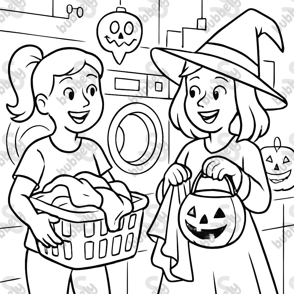 2 women at a laundromat on Halloween, one has a ponytail. 2 women at a laundromat on Halloween, one has a ponytail.