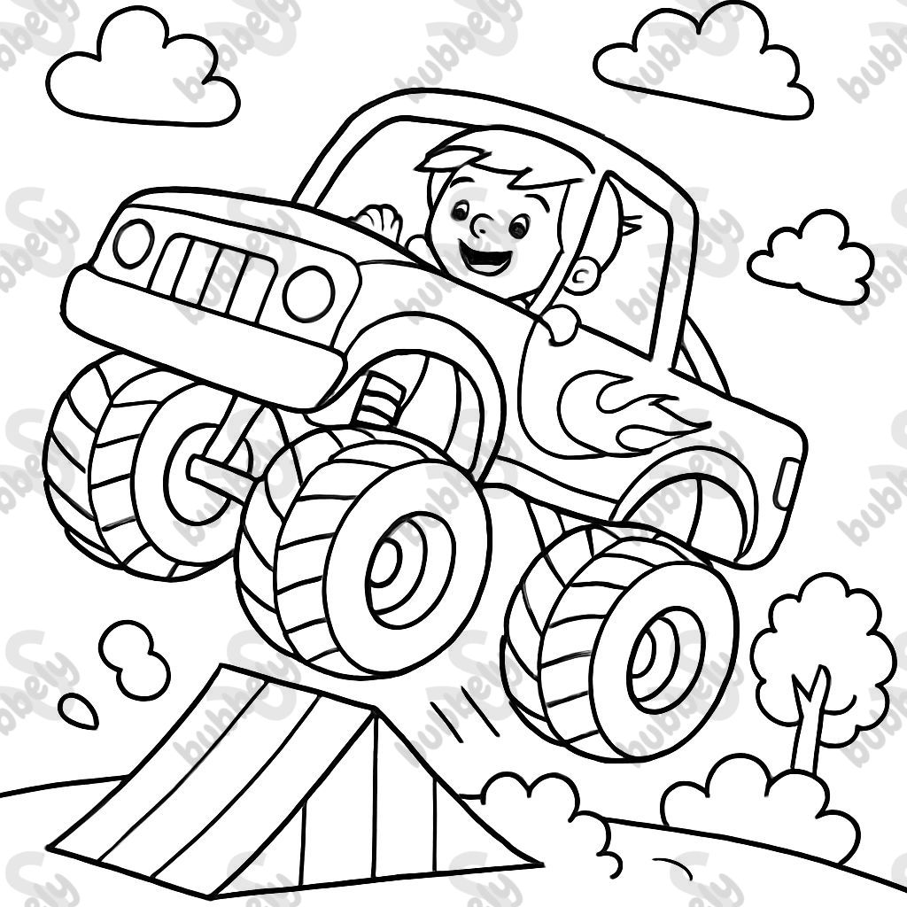 A little boy inside a monster truck jumping a ramp. A little boy inside a monster truck jumping a ramp.